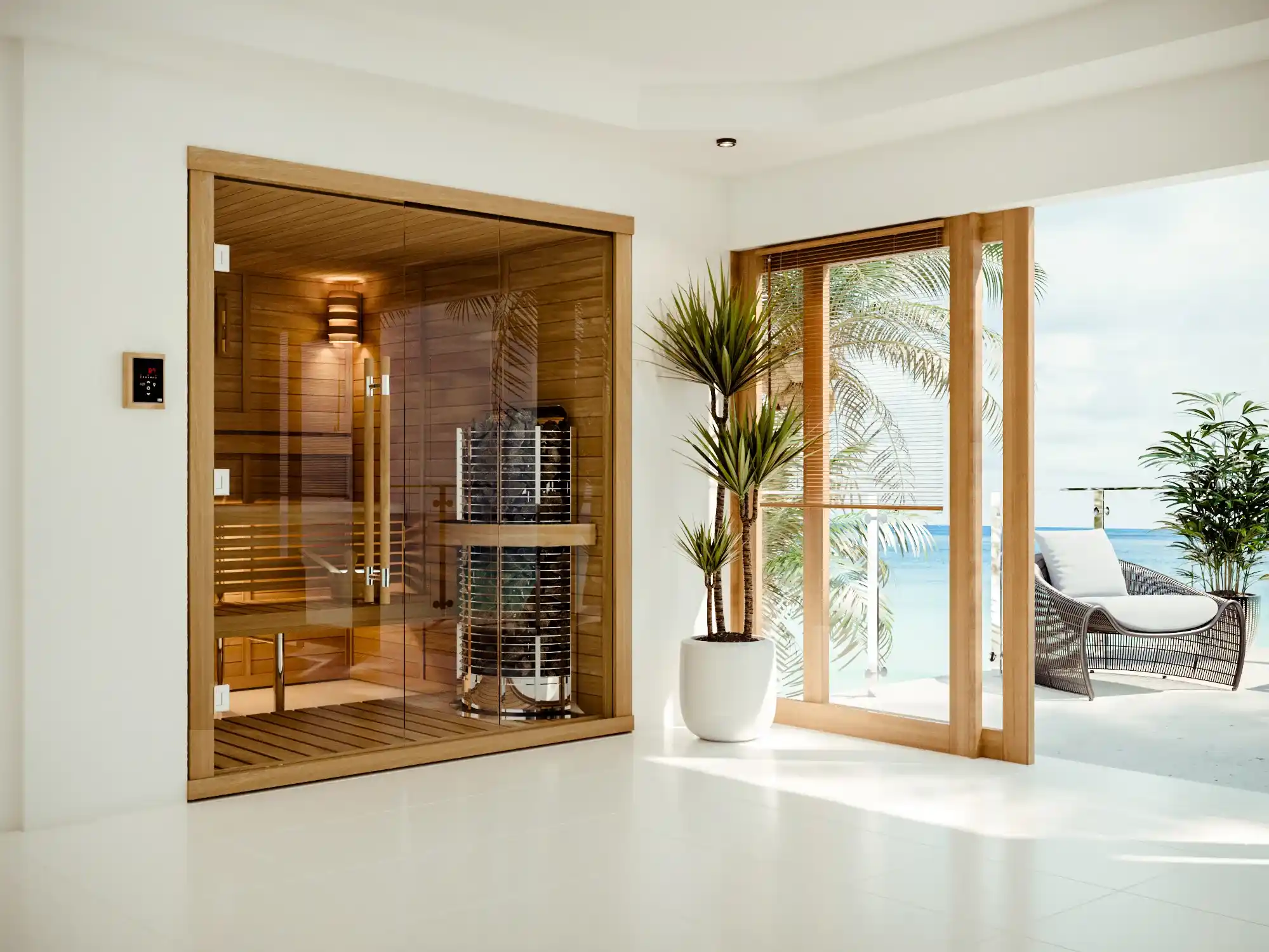 2320LS Customized Straight Bench Cedar Glass Front Sauna Room